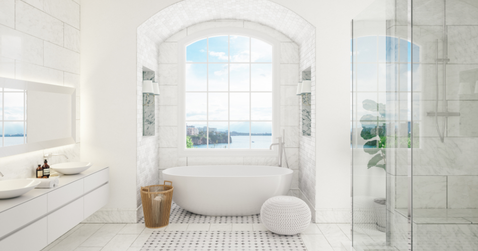 Beautiful custom-tiled primary bathroom, featuring intricate patterns, with built-in shelving, floating vanities and a rainfall showerhead.