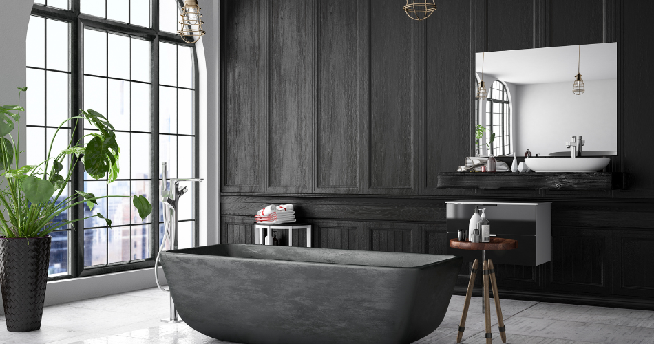 Spacious, spa-inspired bathroom featuring a freestanding soaking tub, floor to ceiling windows and a floating vanity with against a backdrop of serene, matte blackwood grain.