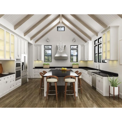 Kitchen remodel with exposed beam, white cabinets and dark countertops