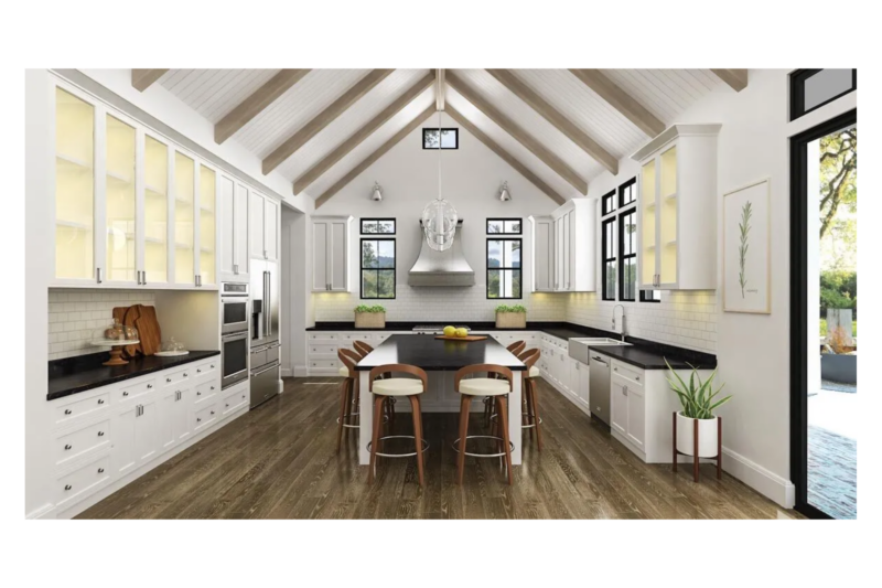 Kitchen remodel with exposed beam, white cabinets and dark countertops