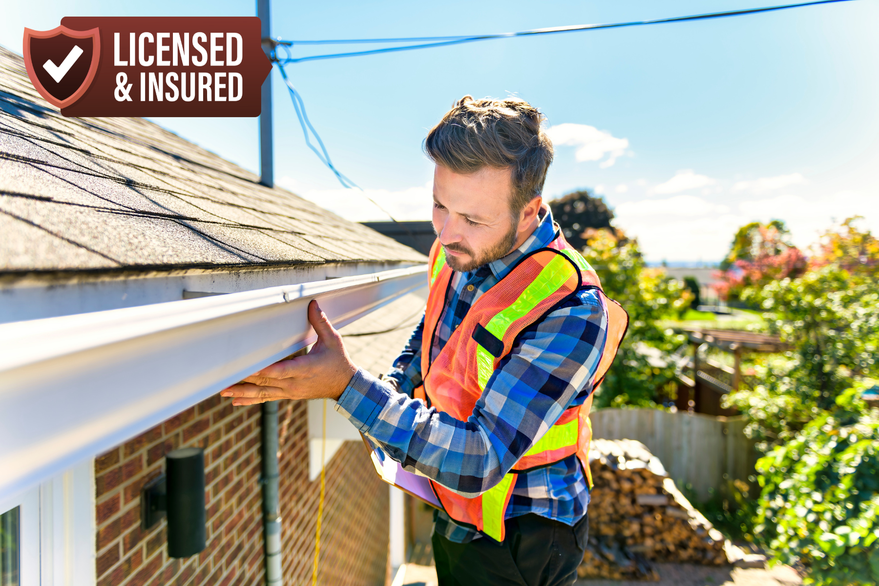 photo of an expert inspecting the roof and gutter with a badge indicating White oak Remodels is licensed and insured